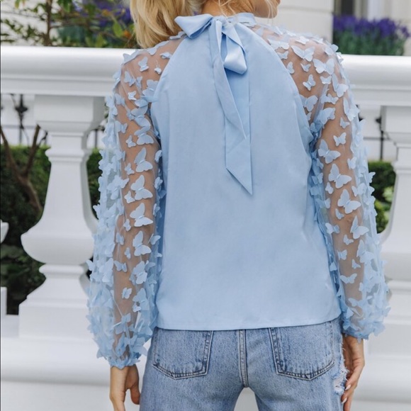 Boho Butterfly Applique Sheer Mesh Sleeve Tie Back Blouse Blue - Picture 2 of 5